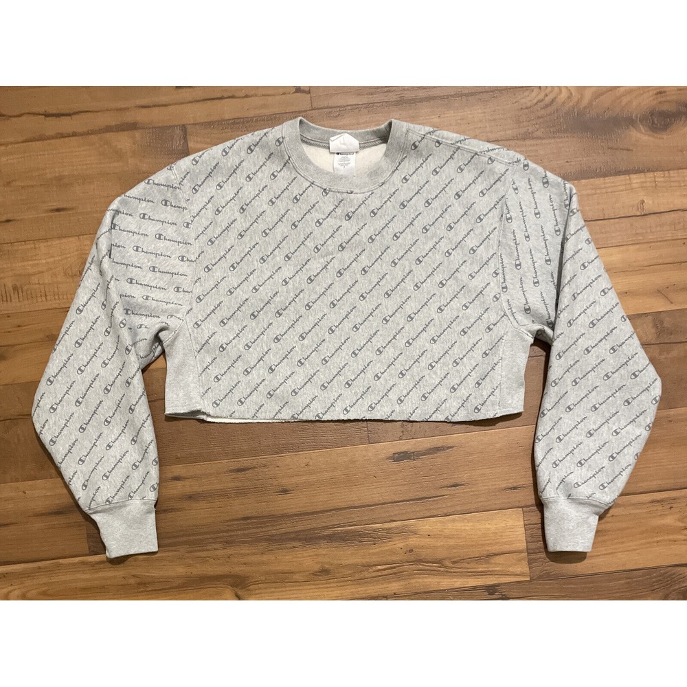 Champion Reverse Weave Script Logo Allover Print Crop Top Crewneck Sweatshirt M